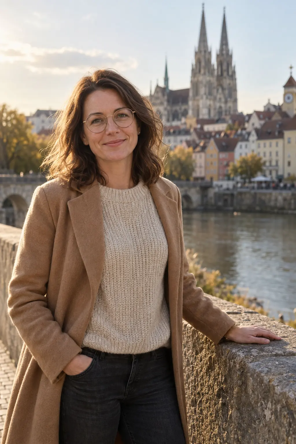 Hanna Vorberg auf der Steinernen Brücke, im Hintergrund die Türme des Regensburger Doms