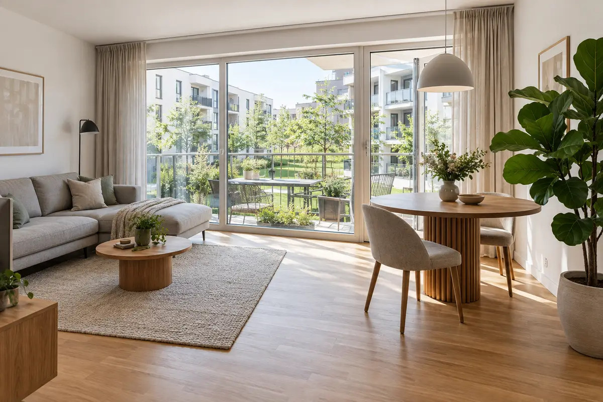 Heller Wohnraum mit Parkett, Sofa und bodentiefem Fenster zum Balkon im Kasernenviertel