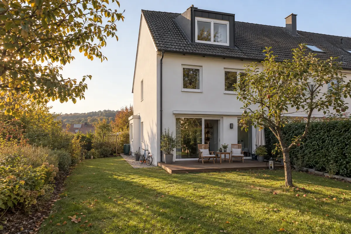 Reihenendhaus mit Terrasse, Rasen und Apfelbaum in Pentling