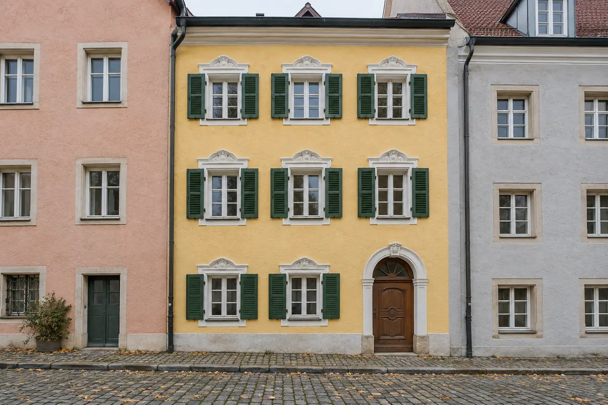 Historisches Stadthaus mit hellgelber Fassade, grünen Fensterläden und Rundbogentür in Stadtamhof