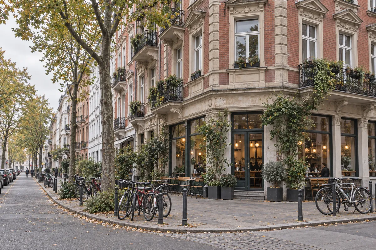 Gründerzeit-Eckhaus mit Café an einer Straßenecke in Ehrenfeld