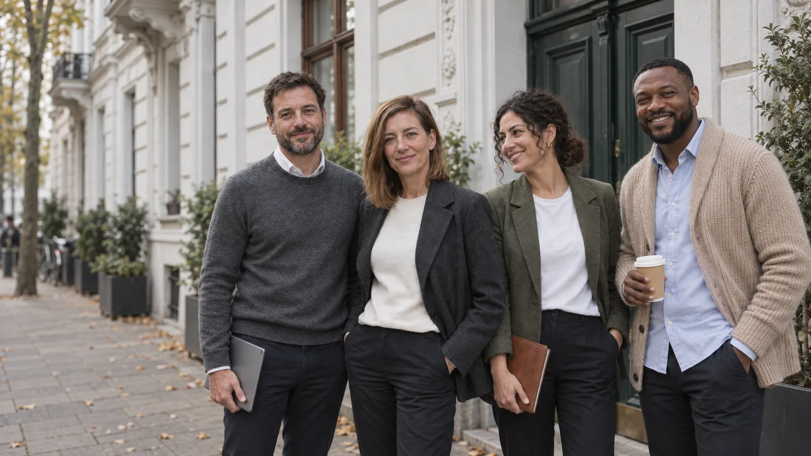 Mara Lohfeld, Tim Ossendorf, Selin Aydın und David Mensah vor einem Altbau im Belgischen Viertel