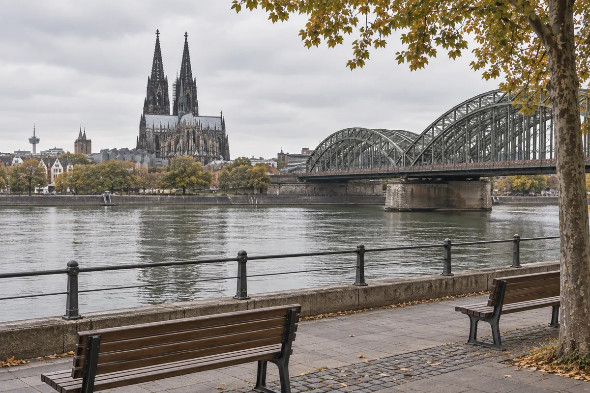 Blick vom Deutzer Rheinufer auf Dom und Hohenzollernbrücke