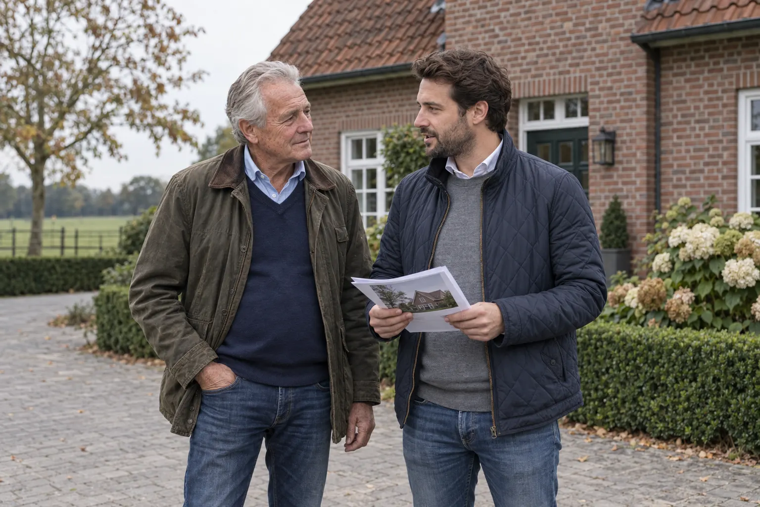 Peter und Jonas Tepelmann vor einem Klinkerhaus im Münsterland